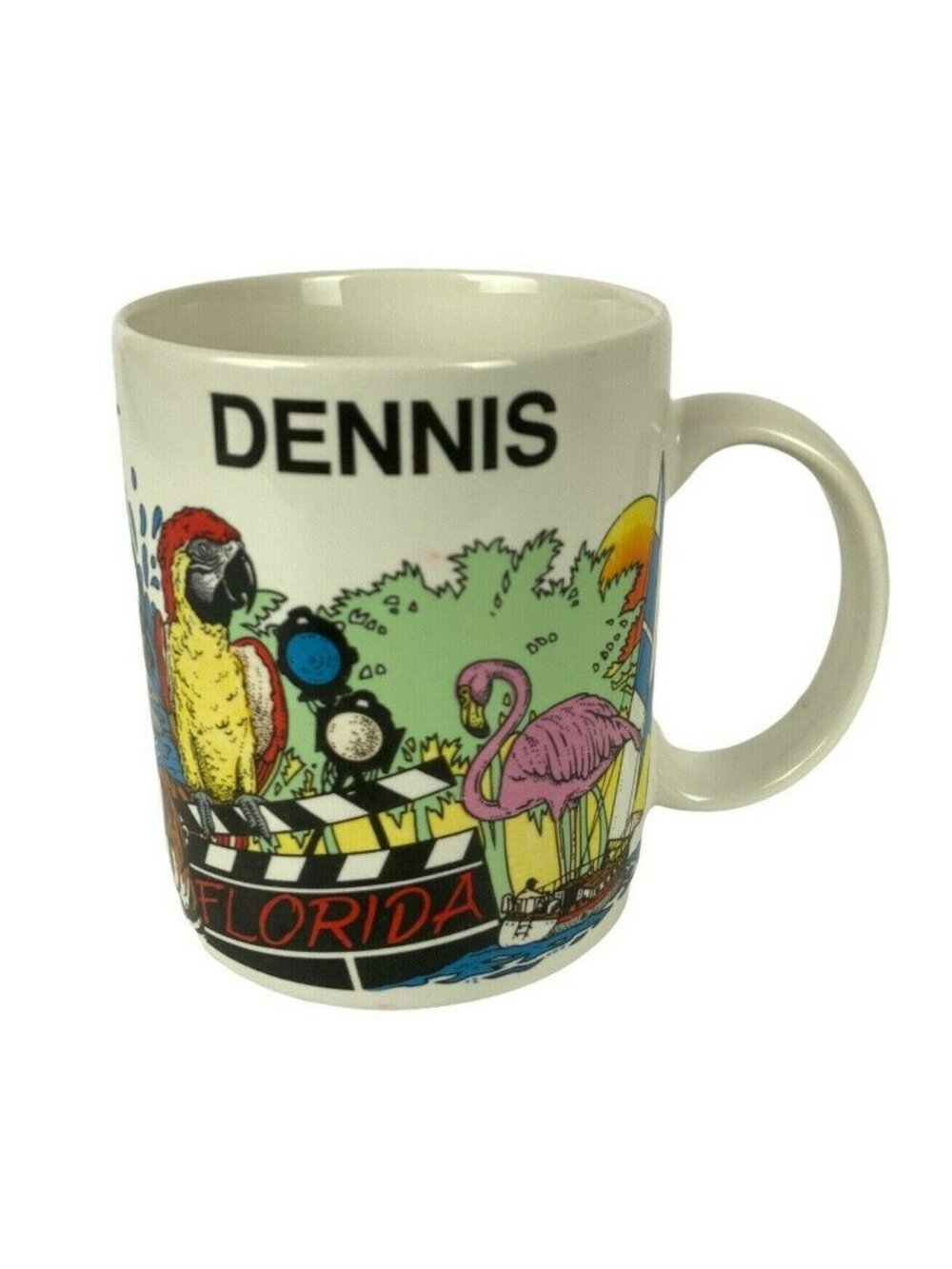 Dennis Florida Souvenir Ceramic Mug Vintage 1989 Flamingo Rocket Alligator Tiger